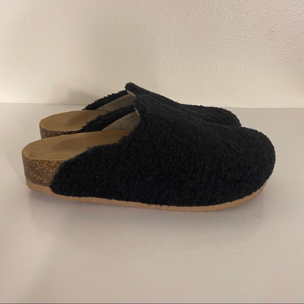 Garnet Hill Black Furry Top Slip On Slide‎ Clog Shoes 6